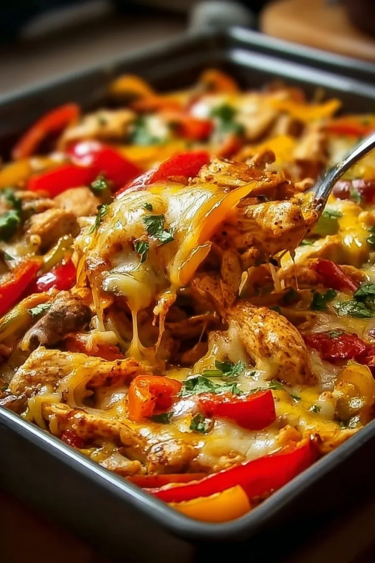 Delicious Fajita Chicken Casserole topped with peppers and cheese