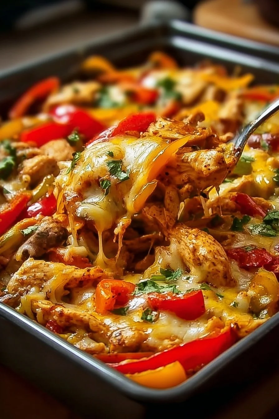 Delicious Fajita Chicken Casserole topped with peppers and cheese