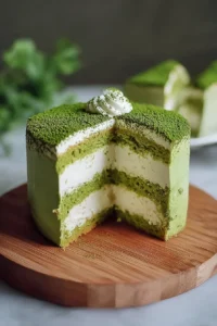 Fluffy Matcha Dream Cake topped with matcha frosting and decorative sprinkles