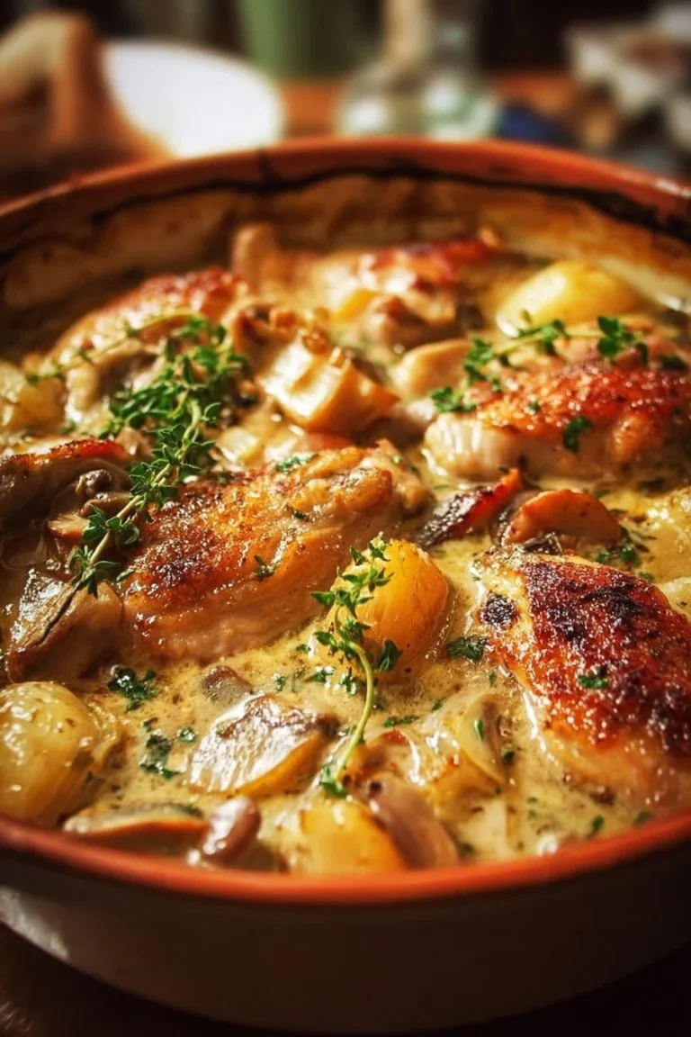 French Chicken Casserole recipe with tender chicken, vegetables, and herbs.
