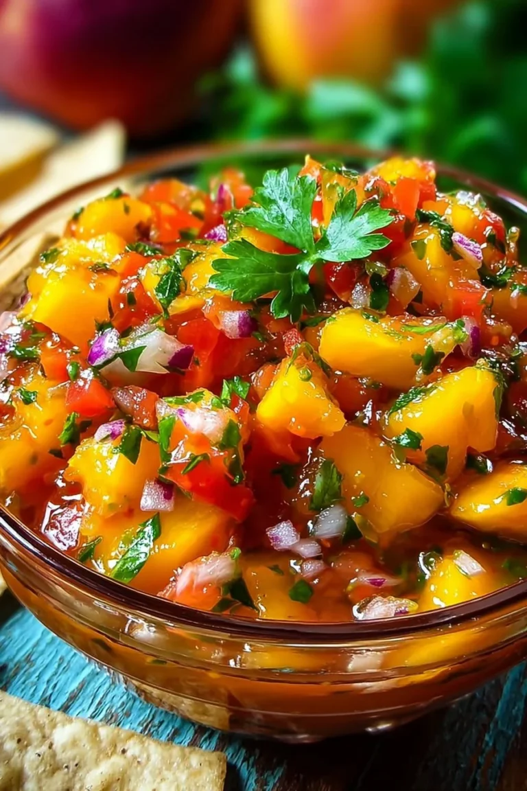 Bowl of fresh peach salsa made with ripe peaches, tomatoes, and herbs