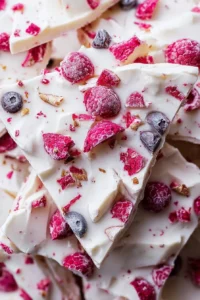 Frozen yogurt bark topped with fruits and nuts on a marble surface