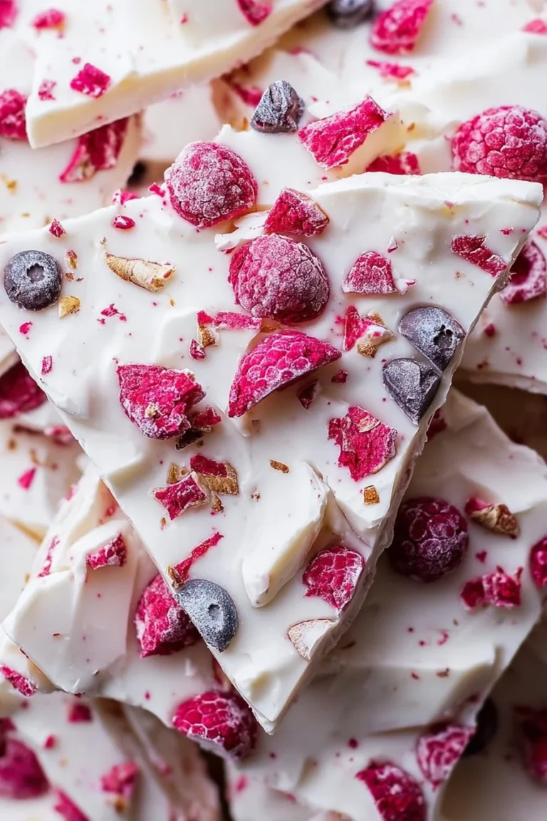 Frozen yogurt bark topped with fruits and nuts on a marble surface