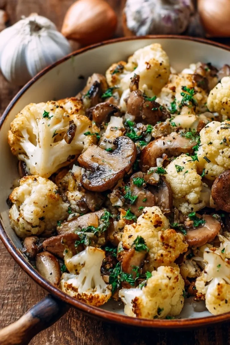Sauteed garlic cauliflower and mushrooms served as a healthy side dish