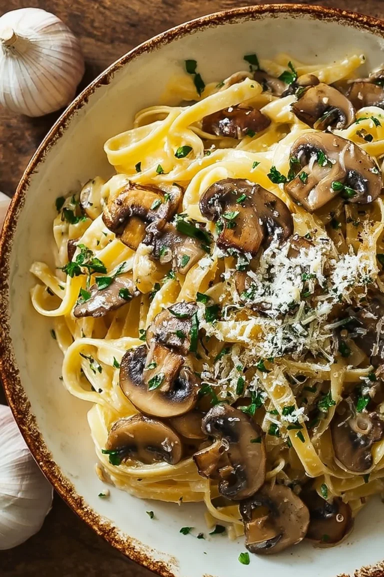 Delicious garlic mushroom pasta garnished with fresh herbs