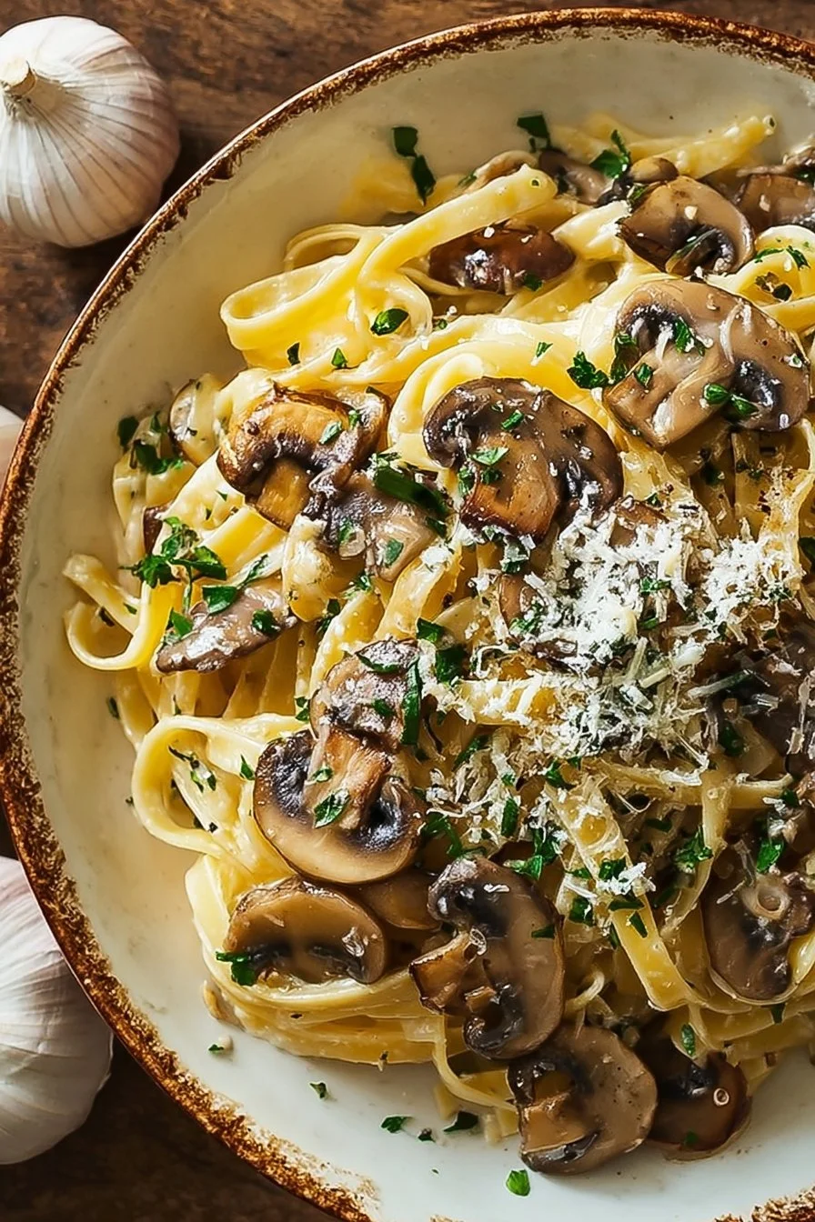 Delicious garlic mushroom pasta garnished with fresh herbs