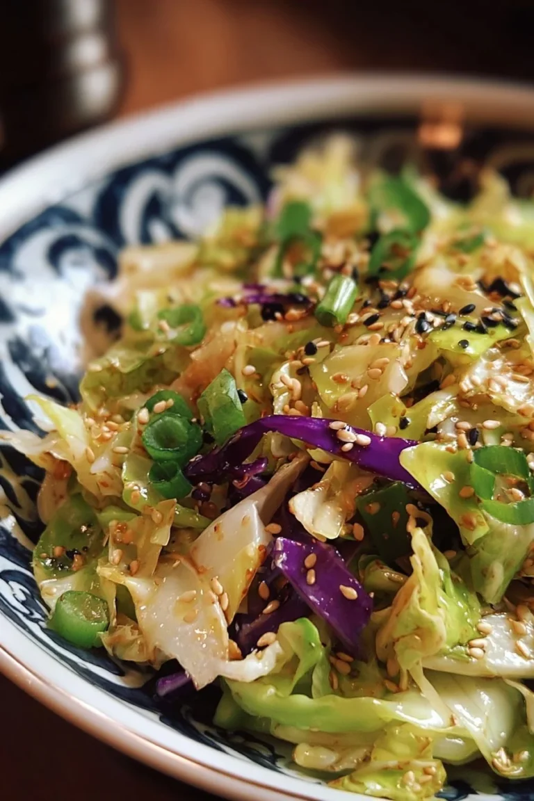 Ginger Sesame Cabbage dish garnished with sesame seeds and fresh herbs