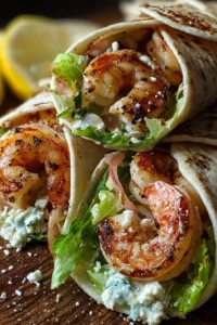 Delicious grilled shrimp Caesar wraps on a plate ready to be served