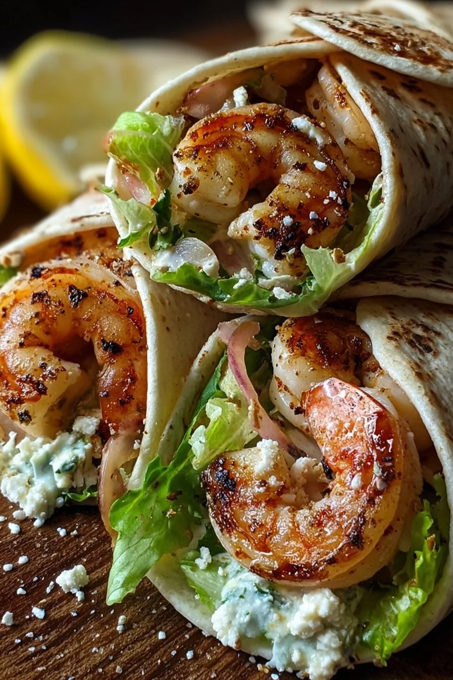 Delicious grilled shrimp Caesar wraps on a plate ready to be served