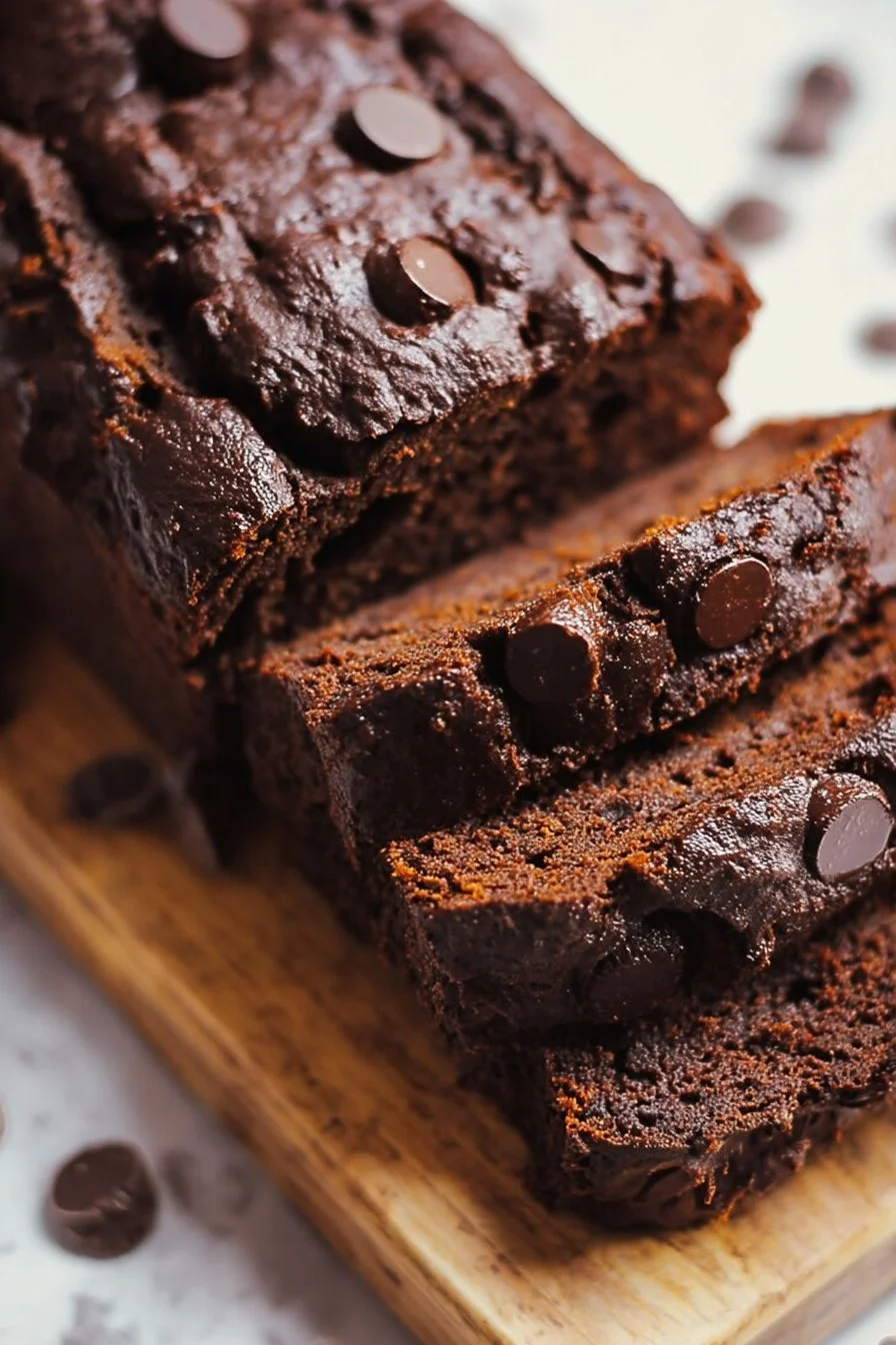 Healthy chocolate banana bread loaf with chocolate chips and bananas