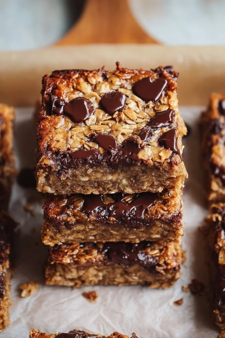 Healthy chocolate chip oatmeal bars ready to serve, made with oats and chocolate chips.