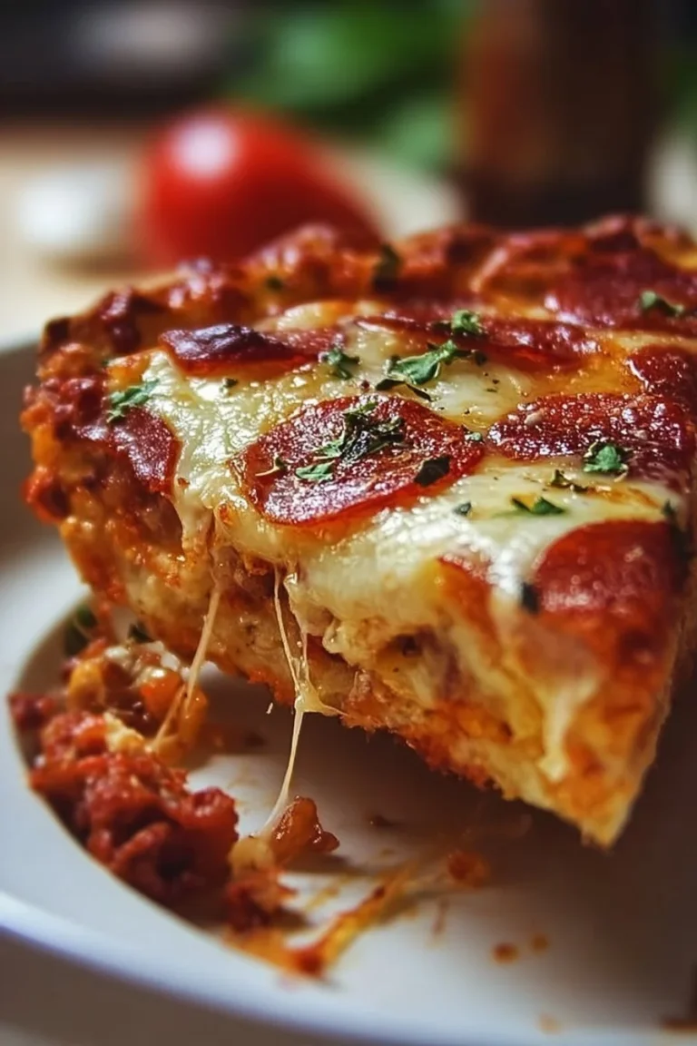 Delicious hearty pizza casserole pie topped with cheese and pepperoni