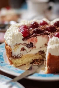 Delicious Heaven on Earth Cake with layers of cream and fruit