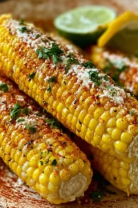 Delicious homemade Mexican street corn topped with cheese and spices