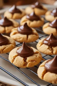 Delicious homemade peanut butter kiss cookies with chocolate center.