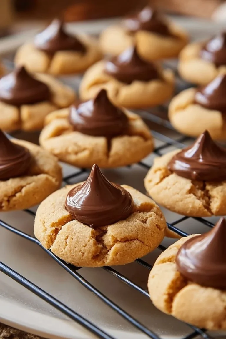 Delicious homemade peanut butter kiss cookies with chocolate center.