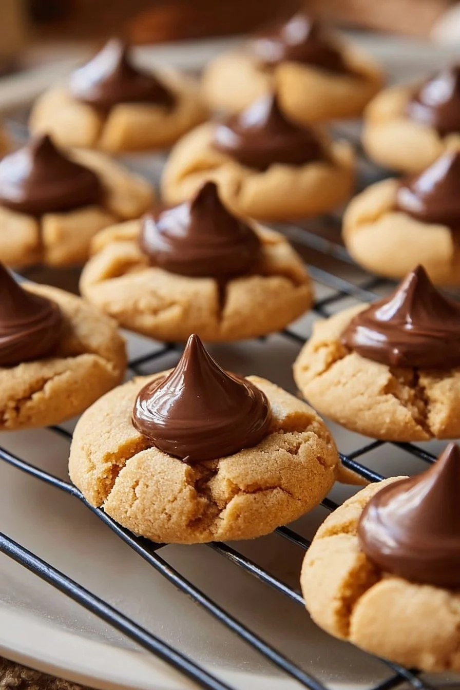 Delicious homemade peanut butter kiss cookies with chocolate center.