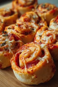 Delicious homemade pizza rolls baked to perfection, ideal for snacking.