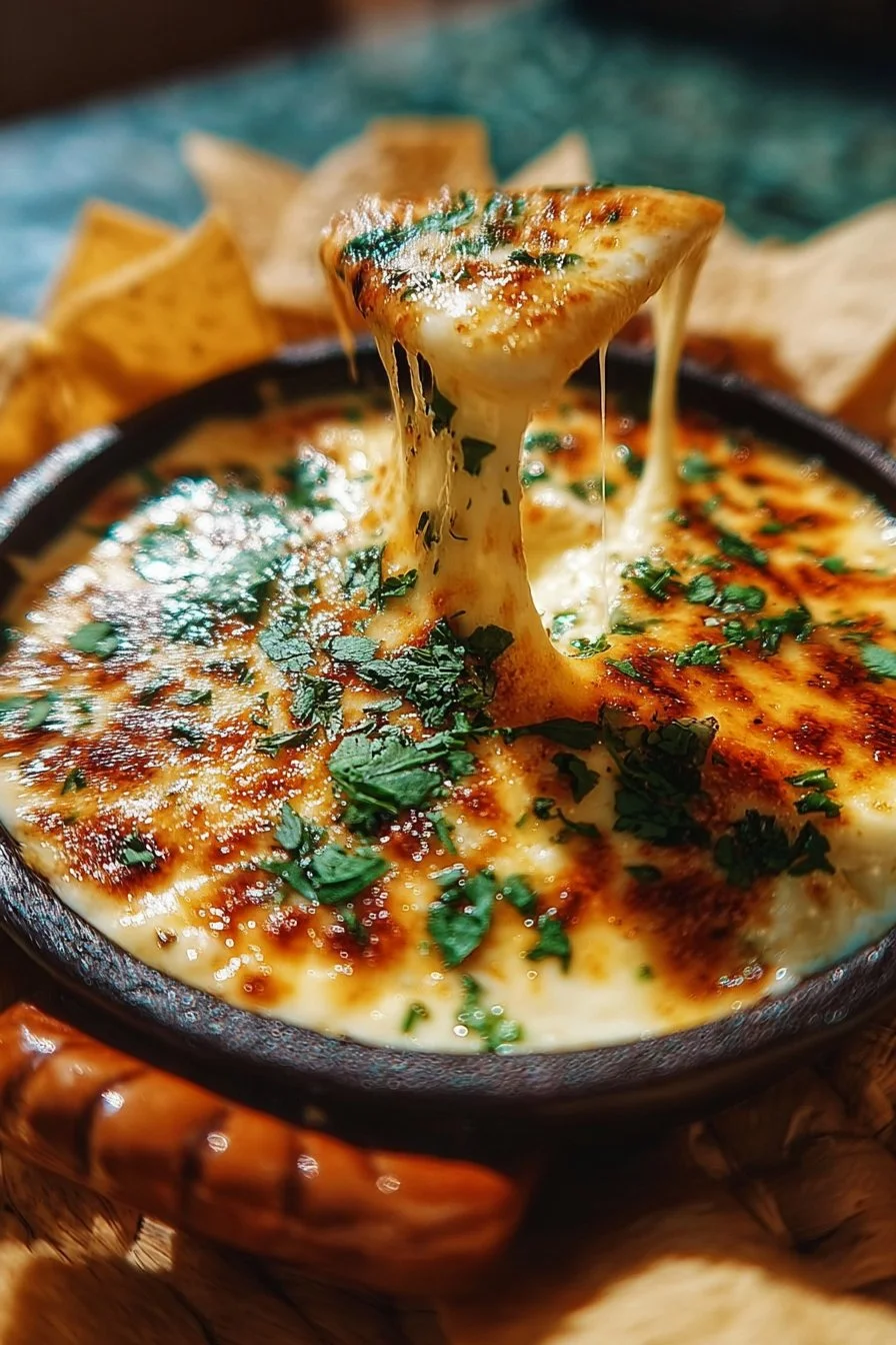 Delicious homemade queso fundido served in a skillet with toppings