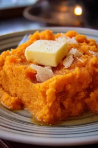 A bowl of honey butter mashed sweet potatoes topped with herbs.