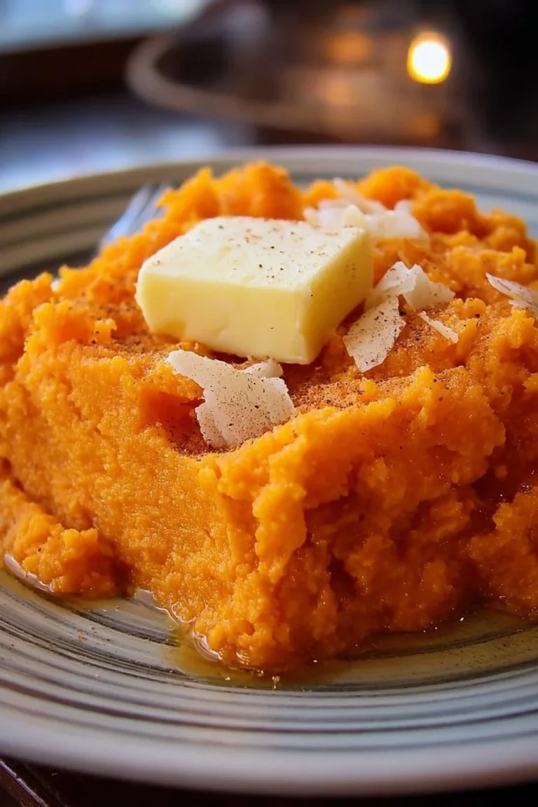 A bowl of honey butter mashed sweet potatoes topped with herbs.