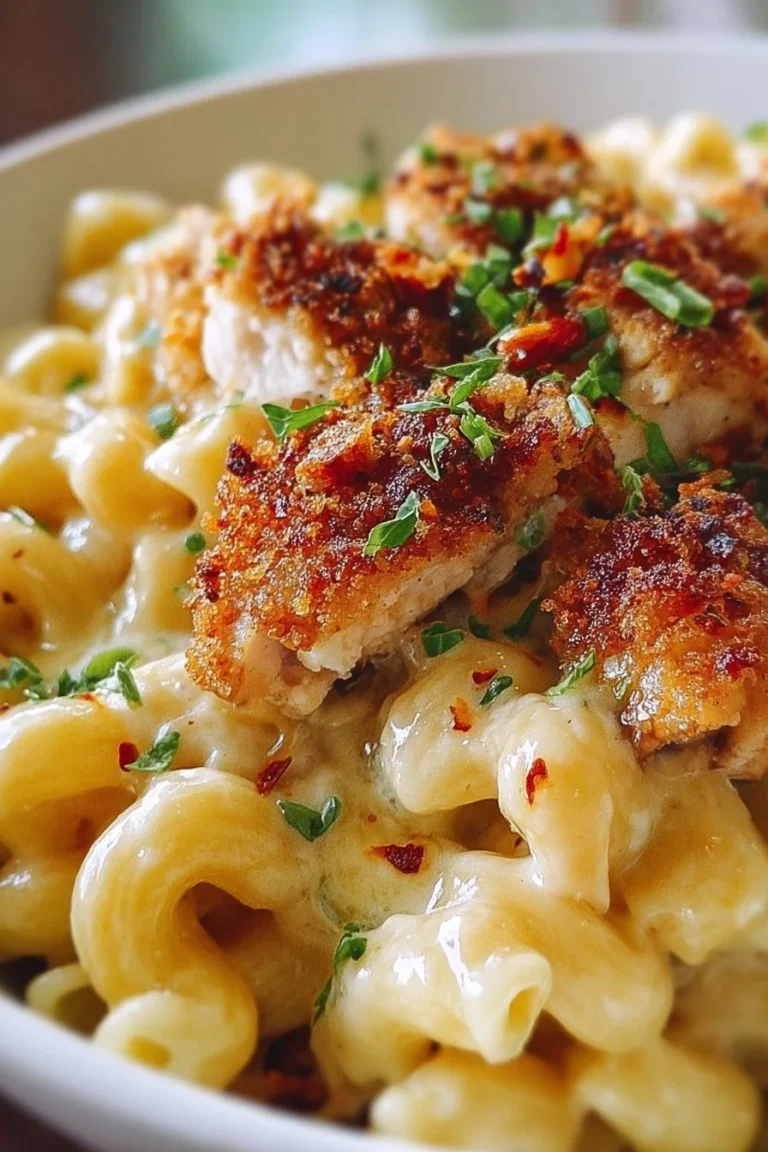 Creamy Honey Pepper Chicken Mac and Cheese topped with herbs