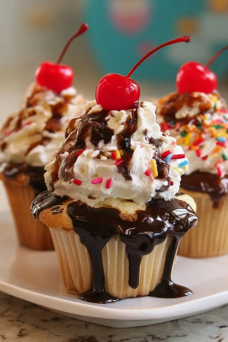 Delicious ice cream sundae cupcakes topped with sprinkles and cherry