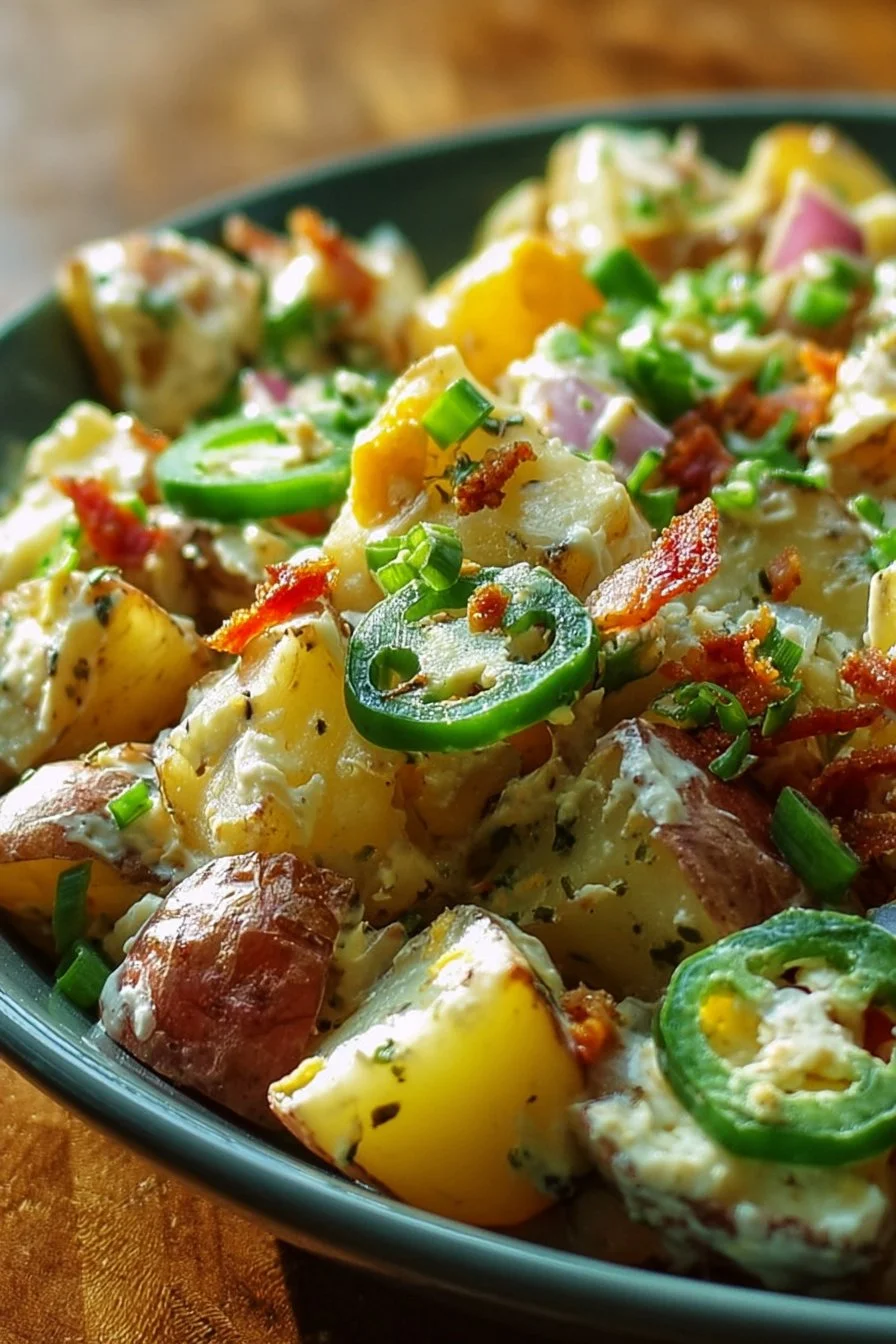 Jalapeno popper roasted potato salad with fresh ingredients and vibrant colors