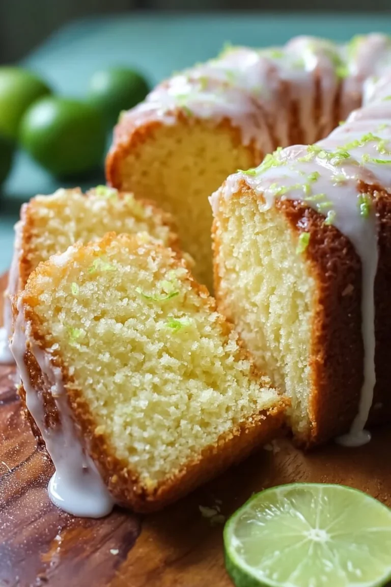 Sliced Key Lime Pound Cake on a plate with lime slices