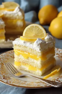 Delicious Lemon Lush Cake topped with fluffy whipped cream and lemons