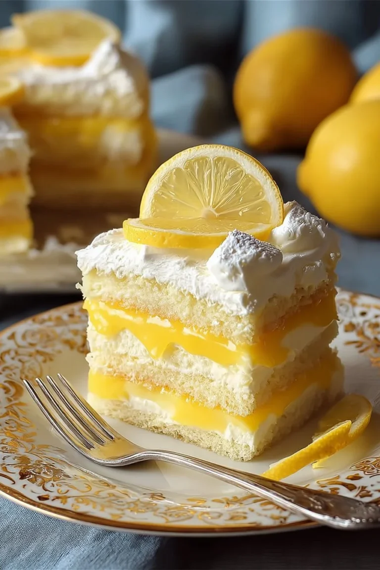 Delicious Lemon Lush Cake topped with fluffy whipped cream and lemons