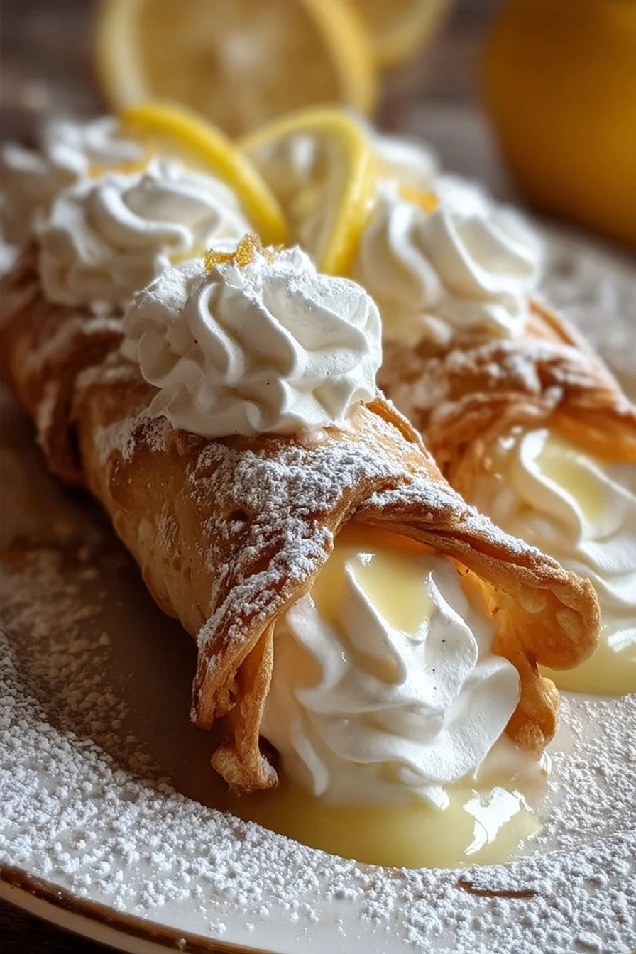 Lemon Meringue Pie Cannoli with zesty lemon filling and fluffy meringue topping.
