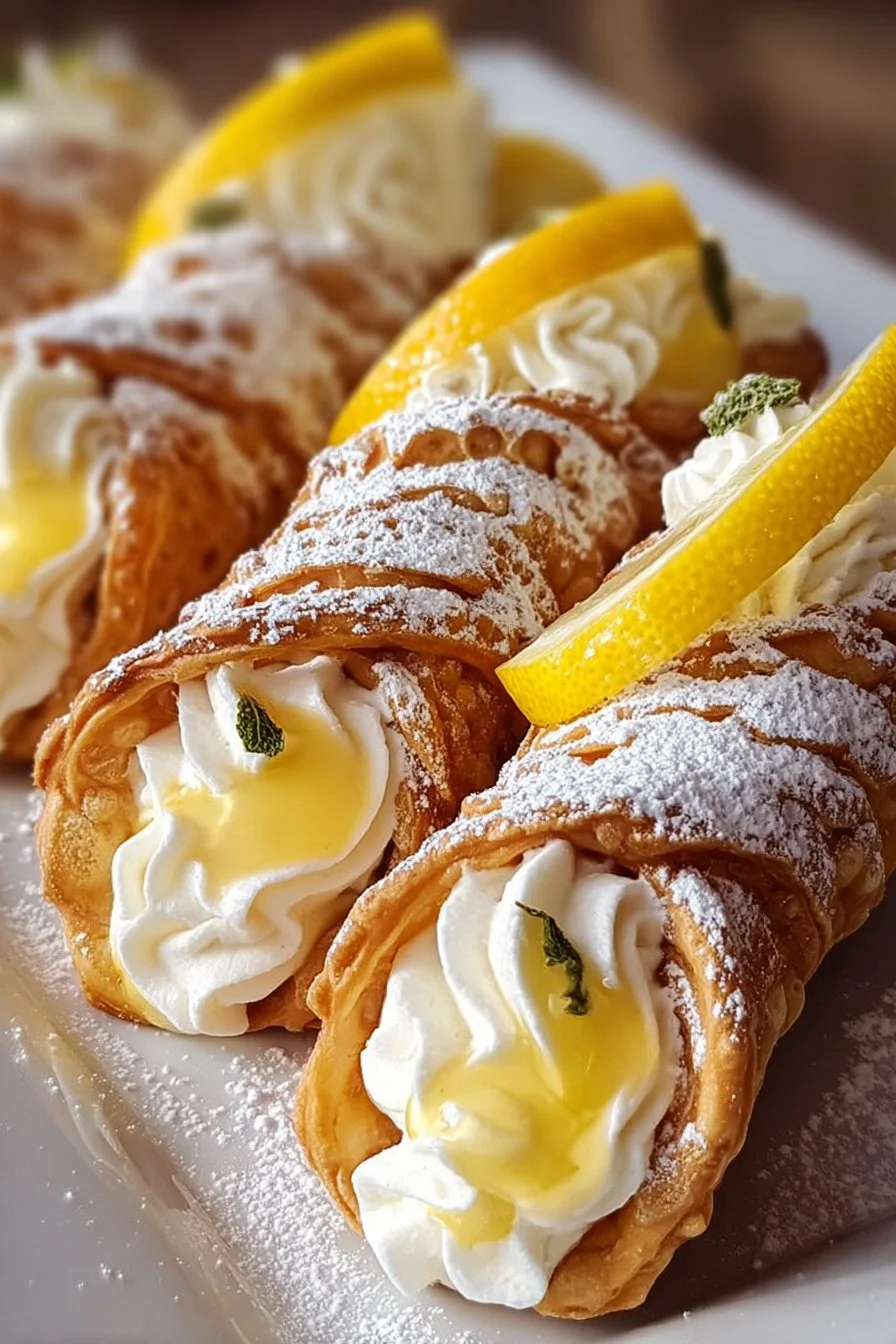 Delicious lemon meringue pie cannoli filled with lemon cream and topped with meringue.