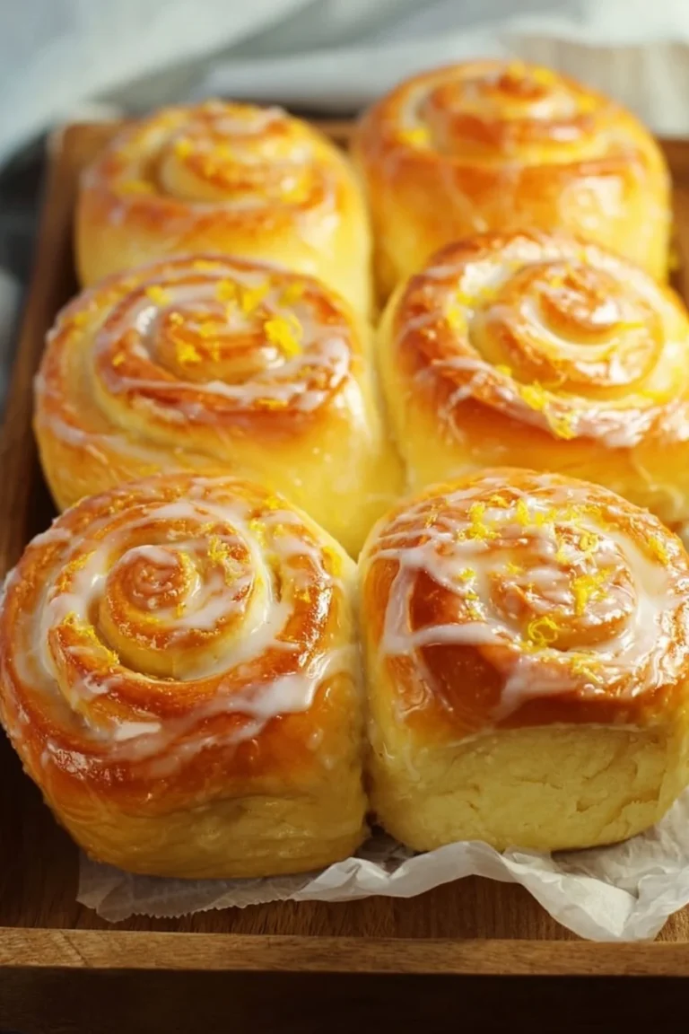 Freshly baked lemon sweet rolls glazed with lemon icing