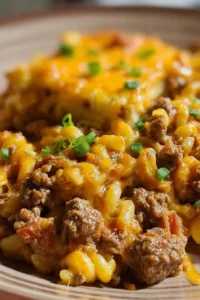 Loaded Cowboy Cheeseburger Casserole topped with cheese and bacon in a baking dish