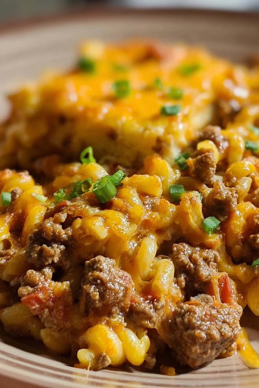 Loaded Cowboy Cheeseburger Casserole topped with cheese and bacon in a baking dish