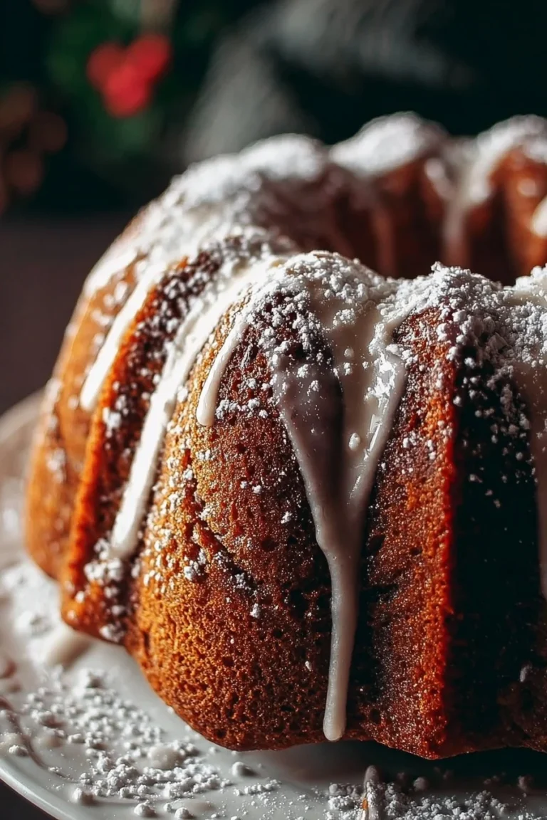 Moist Bourbon Gingerbread Bundt Cake topped with a creamy glaze