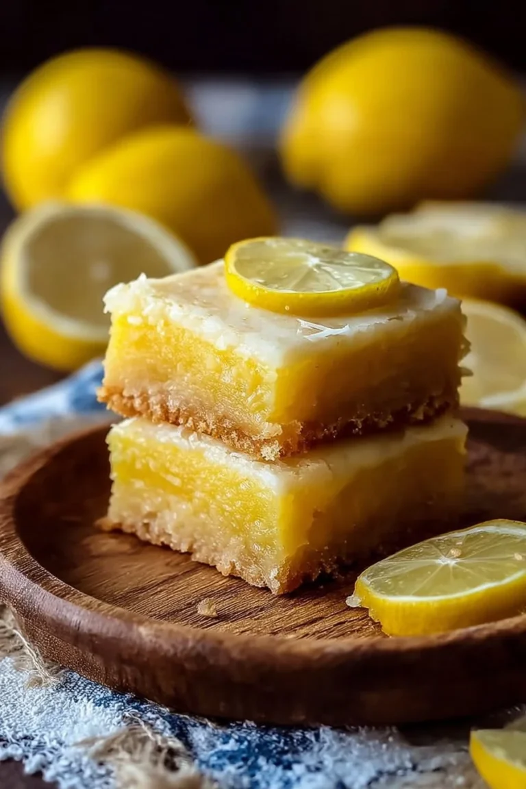 Moist lemon brownies topped with lemon glaze on a white plate