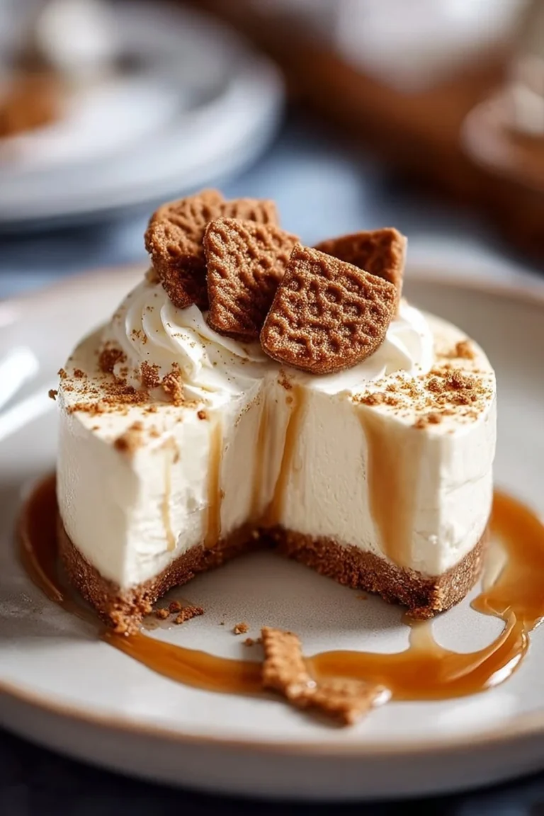 Delicious slice of no-bake Biscoff cheesecake topped with crumbled biscuits