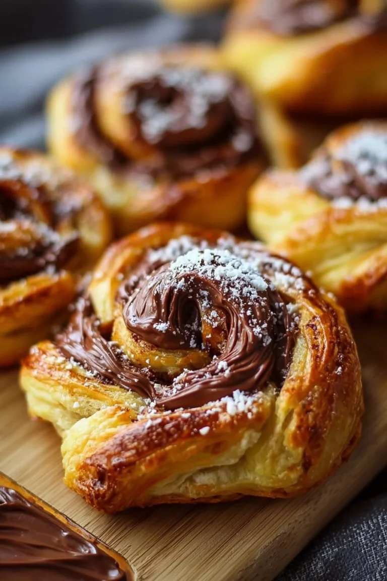 Golden Nutella puff pastries baked to perfection, filled with rich chocolate hazelnut spread.
