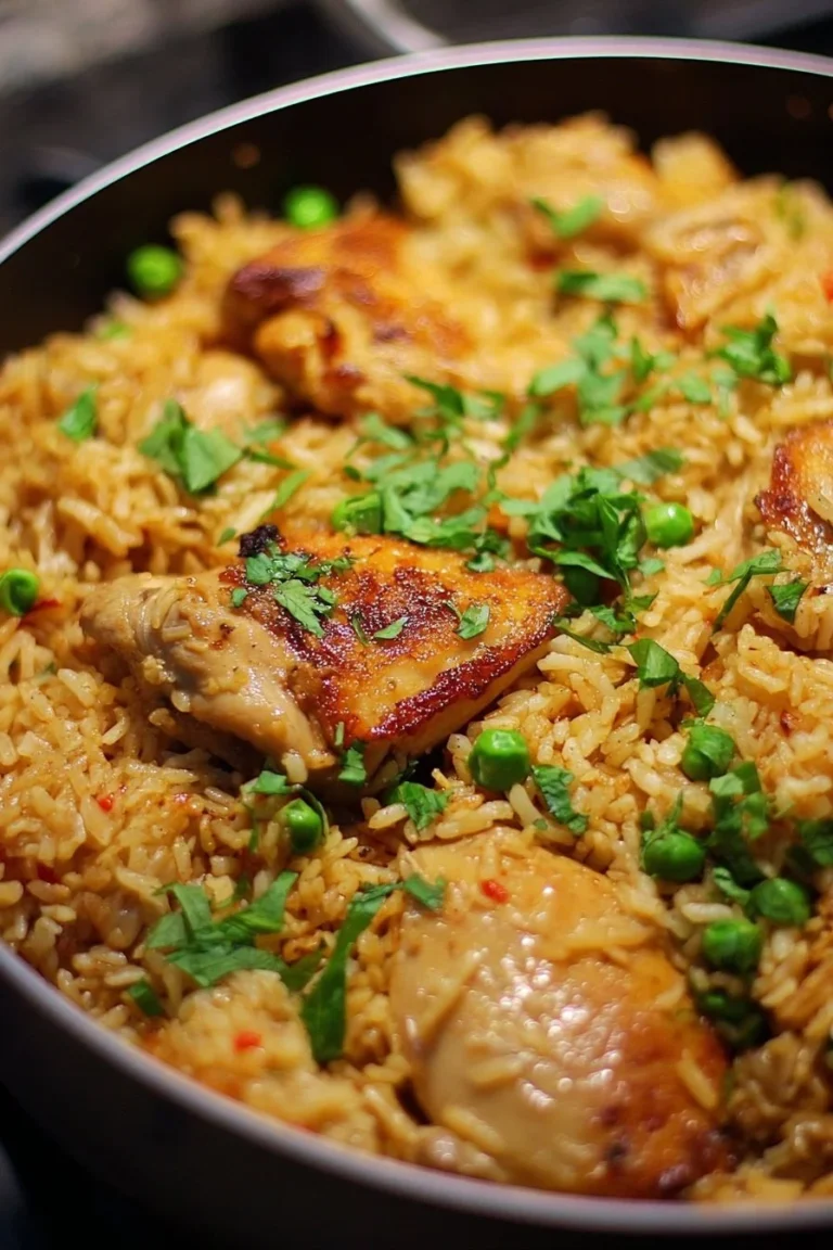 One Pot Chicken and Rice dish served in a bowl with fresh herbs
