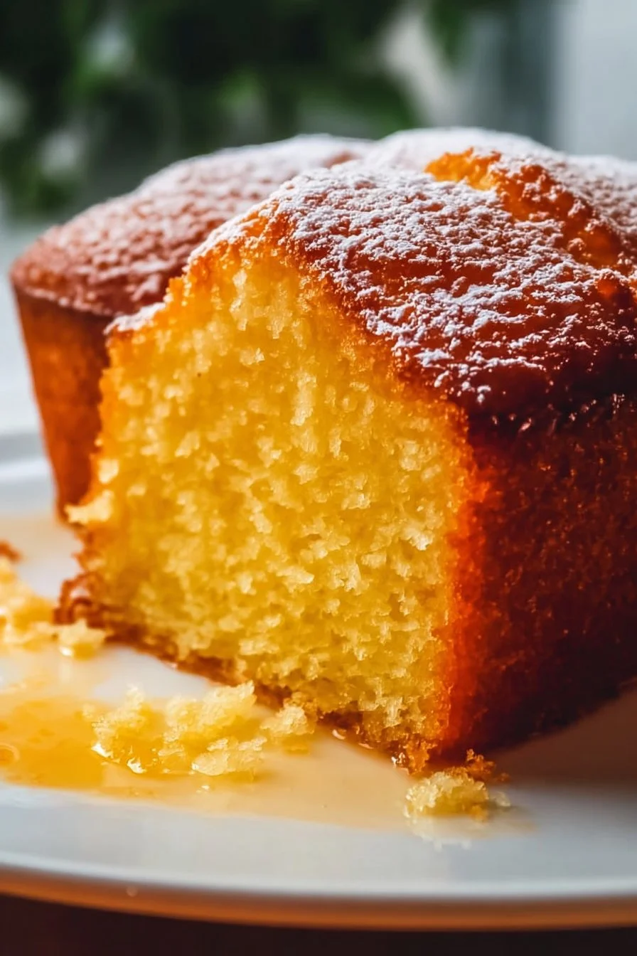 Moist and delicious homemade Orange Juice Cake sliced on a plate