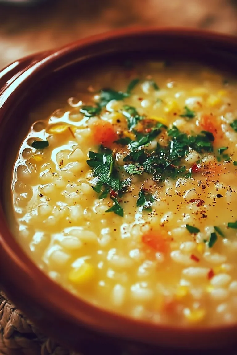 Bowl of homemade Pastina Soup garnished with fresh herbs