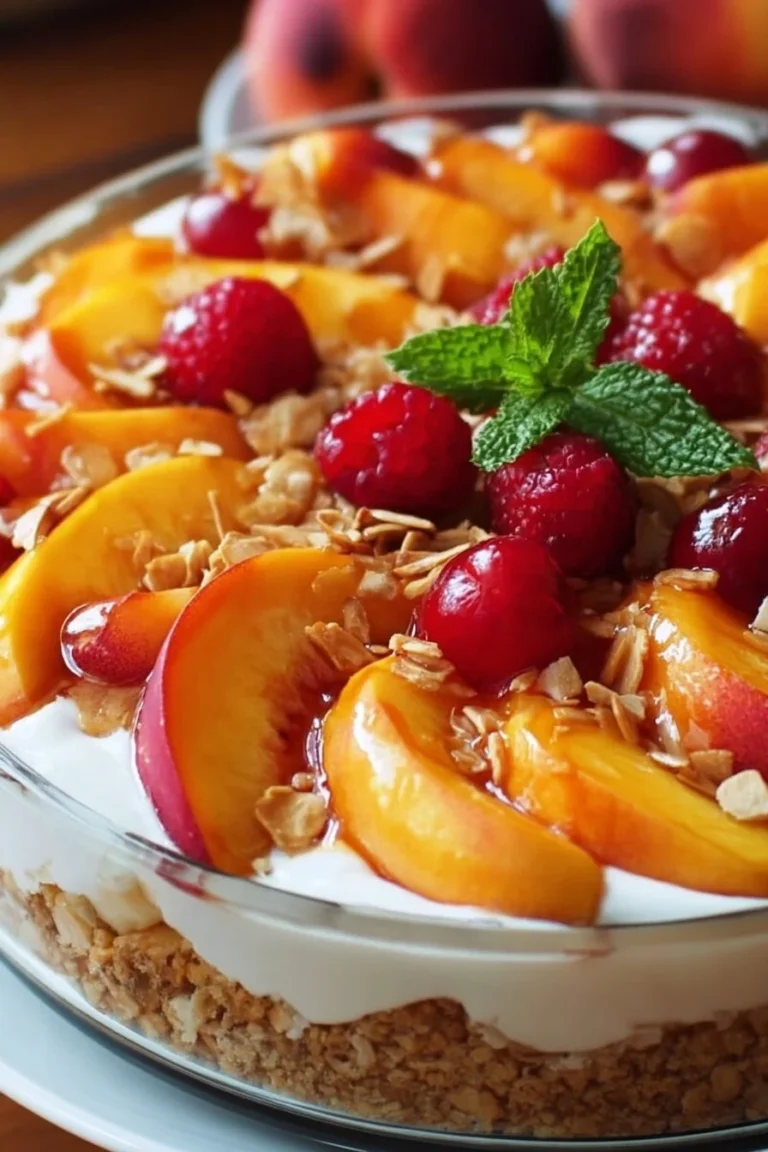 Delicious Peach Cobbler Cheesecake Fruit Salad topped with fresh peaches and cream.