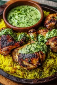 Plate of Peruvian chicken served with rice and vibrant green sauce