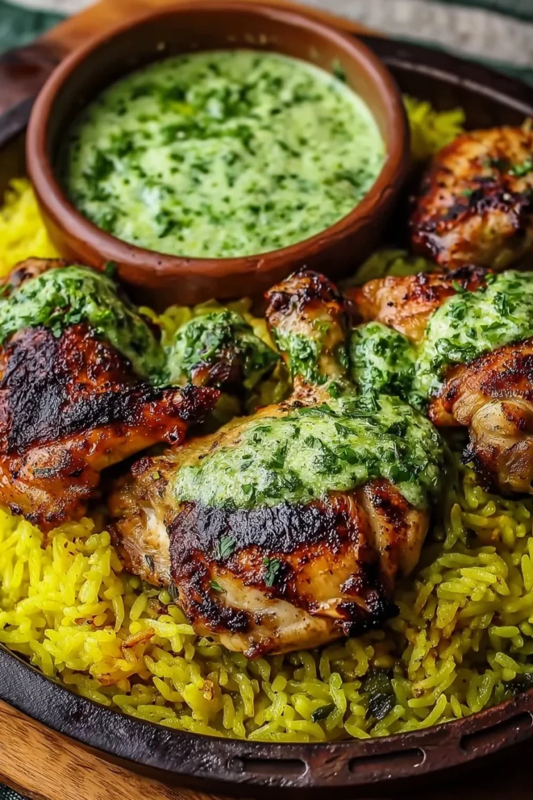 Plate of Peruvian chicken served with rice and vibrant green sauce