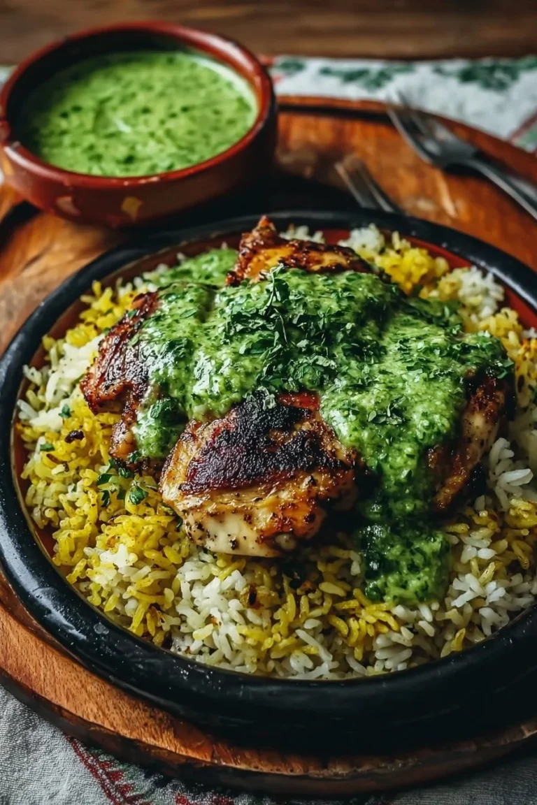 Delicious plated Peruvian chicken and rice with vibrant green sauce