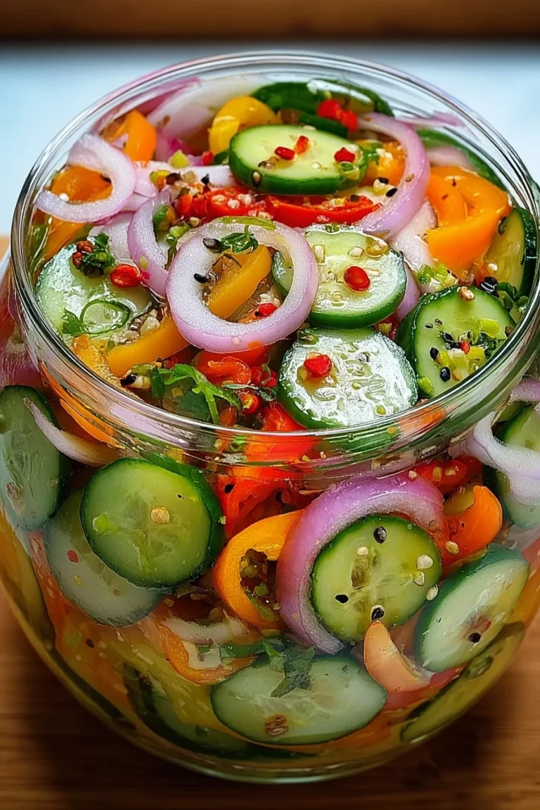 Pickled cucumber, onion, and bell pepper salad in a bowl