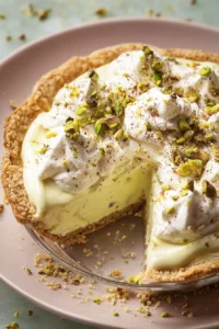 Delicious slice of Pistachio Cream Pie with a creamy filling and pistachio topping.