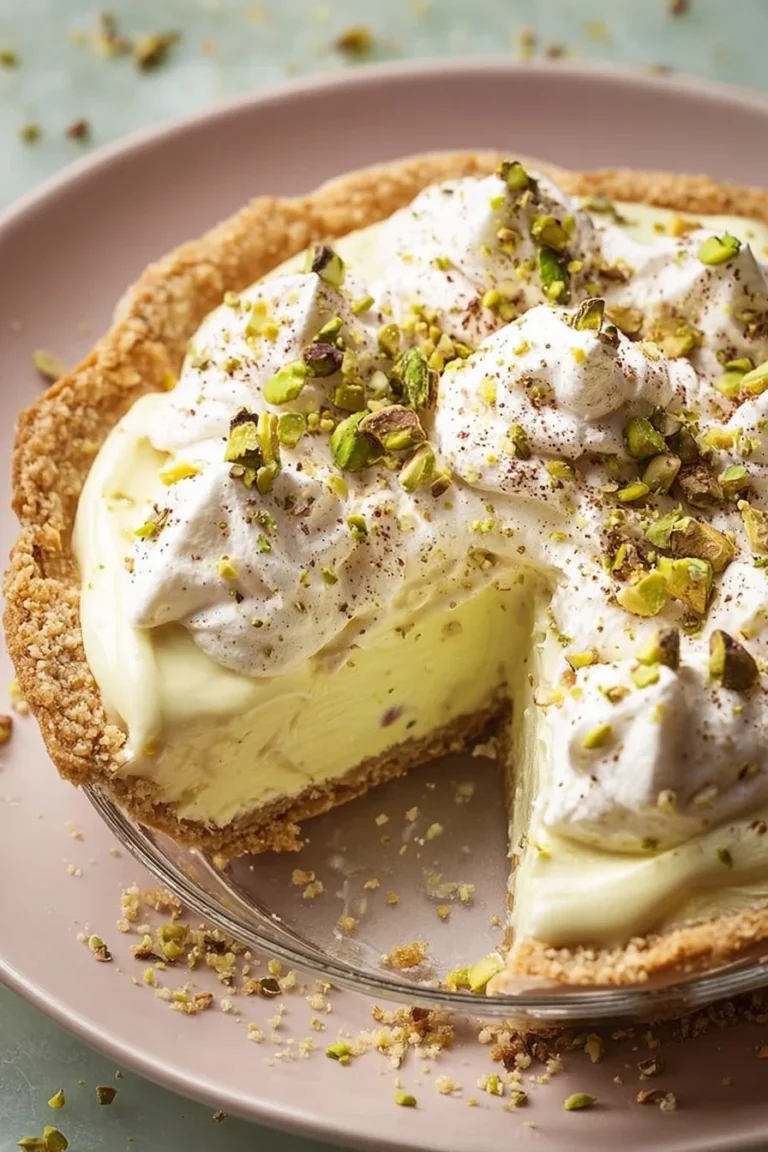 Delicious slice of Pistachio Cream Pie with a creamy filling and pistachio topping.